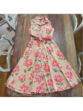 Banana Republic Floral Shirtdress Tan Coral Pink Sleeveless Midi Size 2